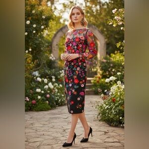 Lela Rose New 3D Flowers Appliqué Long Sleeve Midi Dress Size 8